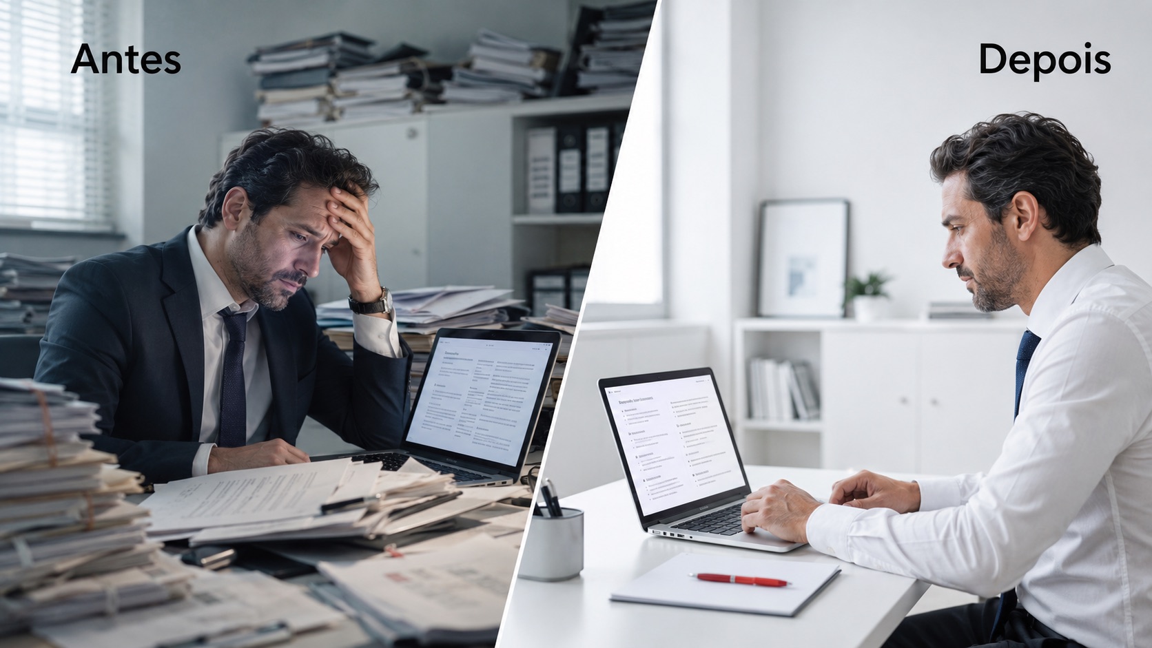 Antes e depois: advogado sobrecarregado vs. advogado no controle com IA